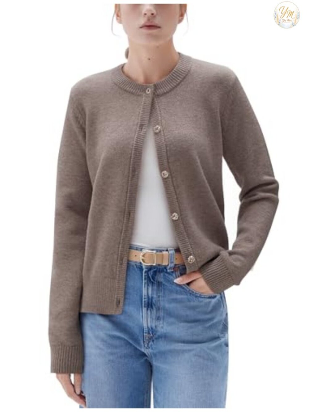 Chunky Cashmere Cardigan Sweater Button Up Knit Long Sleeve Crew Neck